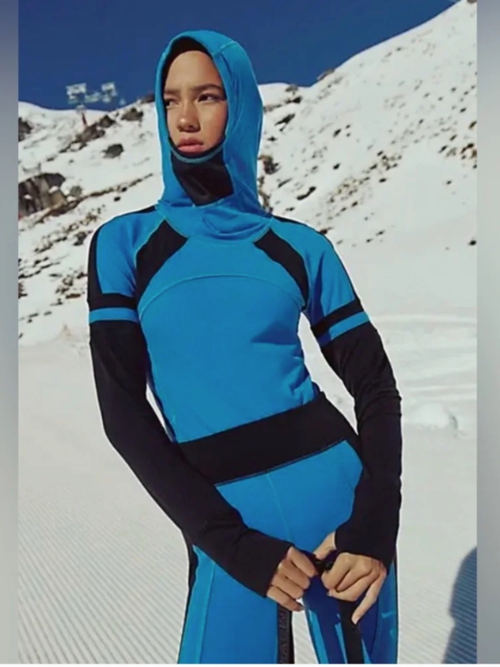 FP Movement by Free People Blue Hooded Performance Top with Black Sleeves